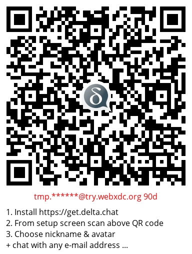 A QR invite code to get a limited e-mail account at try.webxdc.org.