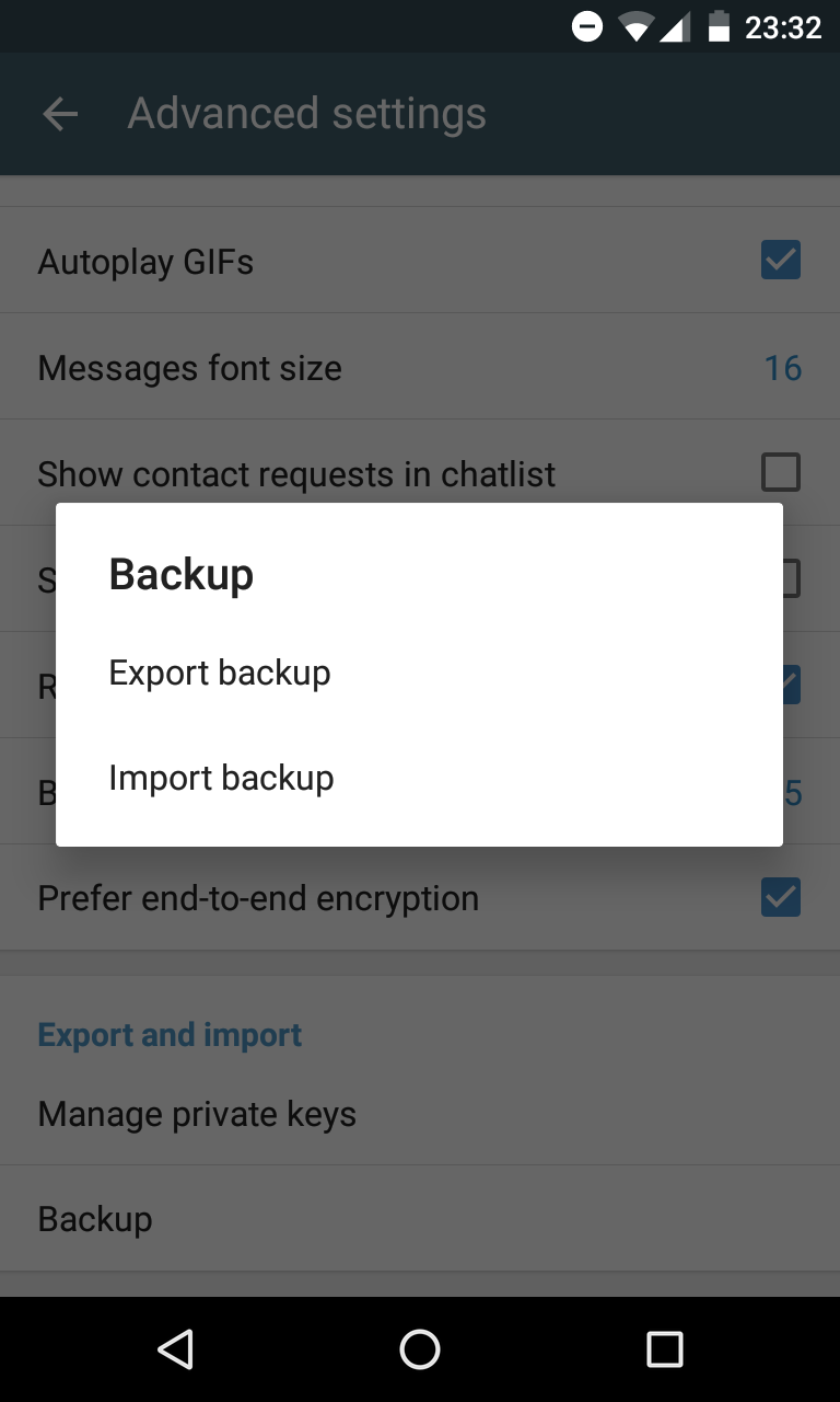 Backup functionality screenshot