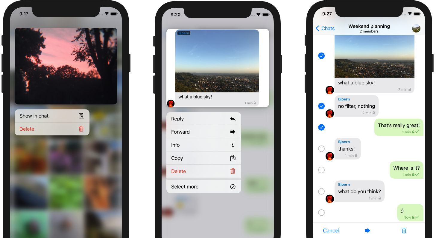 Screenshots of iOS context menus