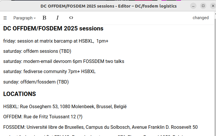 view on an editor-app showing information about upcoming "DC OFFDEM/FOSDEM logistics