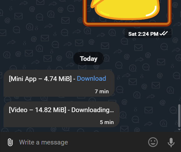 Message bubble: [Mini App — 4.74 MiB] - Download button; Message bubble: [Video — 14.82 MiB] - Downloading...