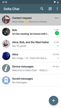 A screenshot of Delta Chat on Android showing chat list