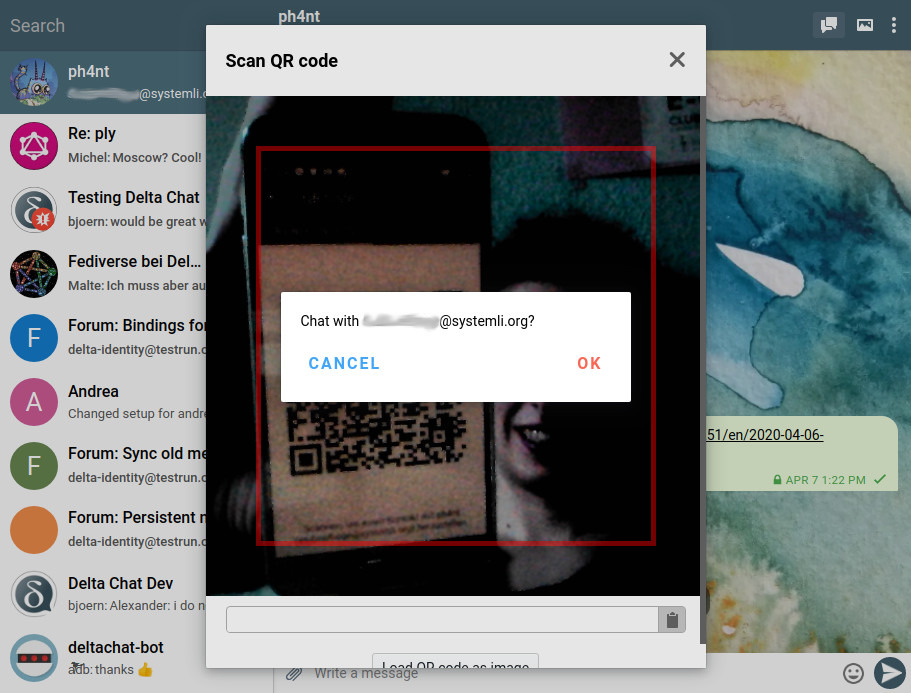A Screenshot of the Delta Chat Desktop Client, scanning a QR code.