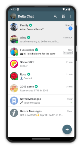 A screenshot of Delta Chat on Android showing chat list